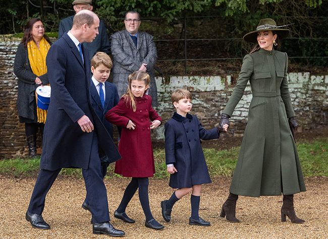Prince William, Prince George, Princess Charlotte and Princess Louis and Kate Middleton walking together