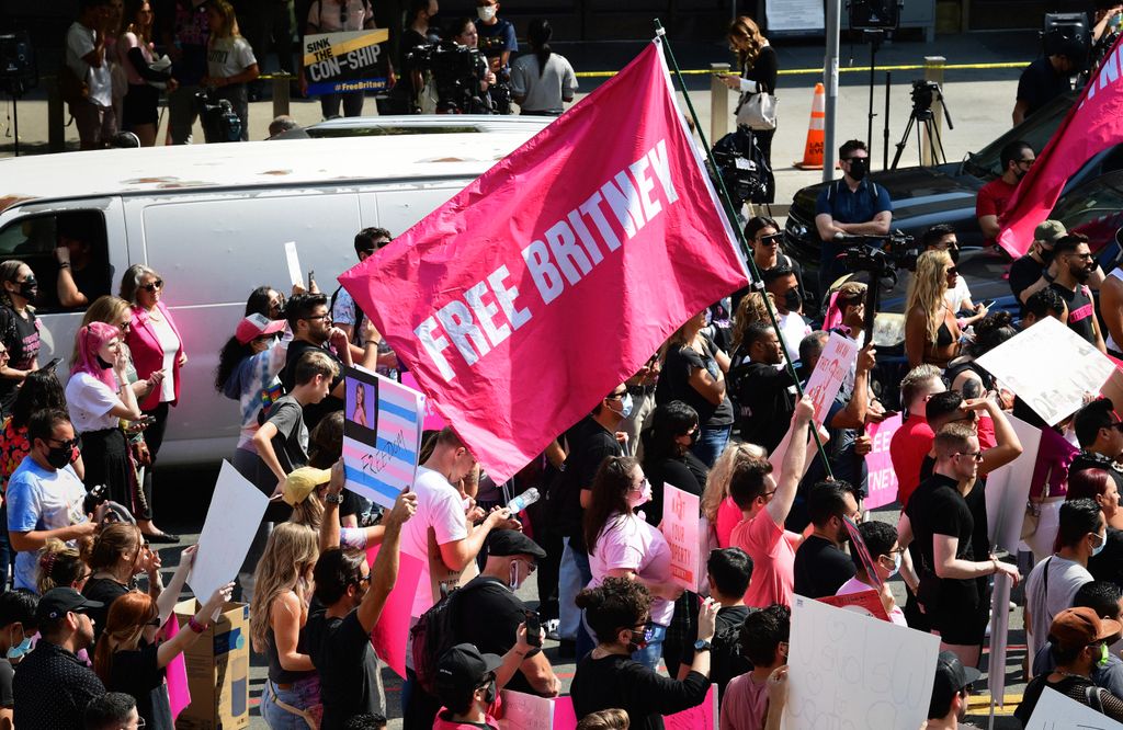 #FreeBritney activists protest during a rally held in conjunction with a hearing on the future of Britney Spears' conservatorship at the Stanley Mosk Courthouse on September 29, 2021 in Los Angeles, California