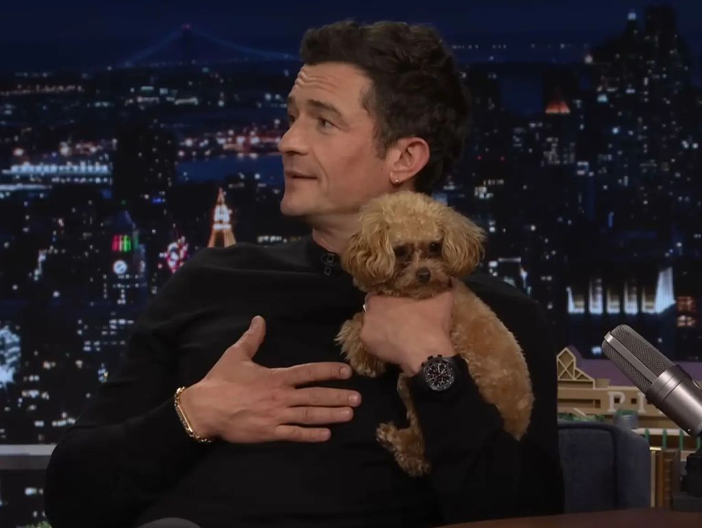 orlando bloom holding his dog biggie smalls