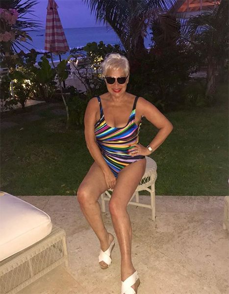 denise welch striped swimsuit