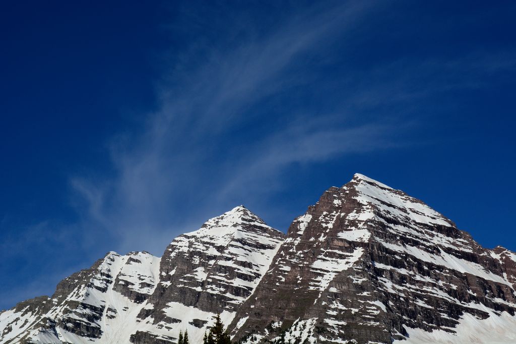 The Maroon Bells near Aspen, Colorado, are two peaks in the Elk Mountains 