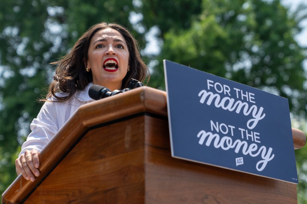 U.S. Rep. Alexandria Ocasio-Cortez (D-NY) speaks during a rally for Rep. Jamaal Bowman (D-NY) at St. Mary's Park on June 22, 2024 in the Bronx borough of New York City. Supporters gathered three days before New York's primary elections as incumbent Rep. Jamaal Bowman (D-NY) attempts to retain his seat in a heated primary race