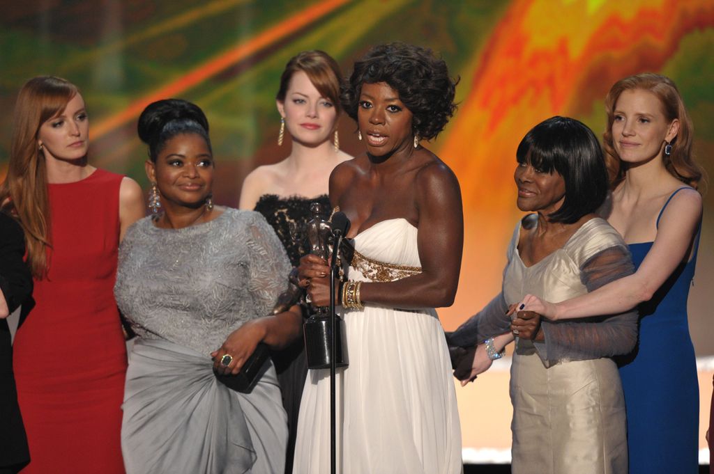 Ahna O'Reilly, Octavia Spencer, Emma Stone, Viola Davis, Cicely Tyson and Jessica Chastain of The Help onstage during The 18th Annual Screen Actors Guild Awards in 2012