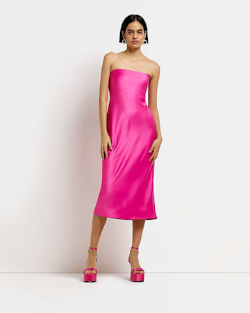 Pink Satin Bandeau Midi Dress - River Island