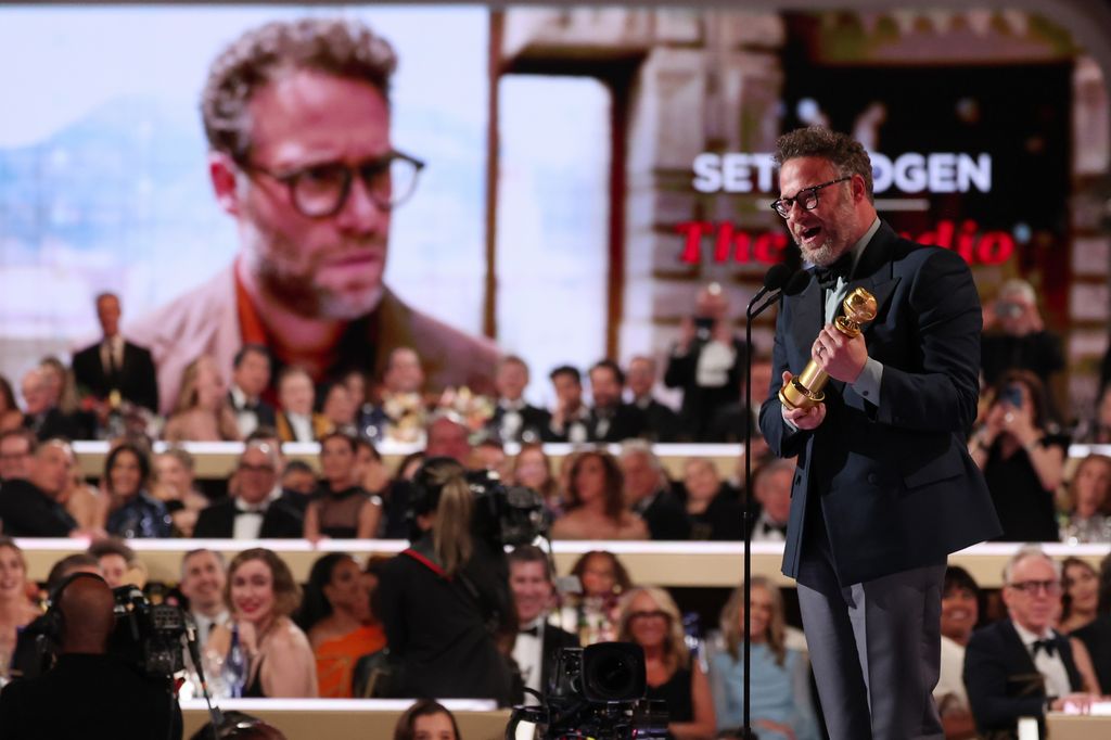 Seth Rogen on stage at the 83rd Annual Golden Globes held at The Beverly Hilton on January 11, 2026 