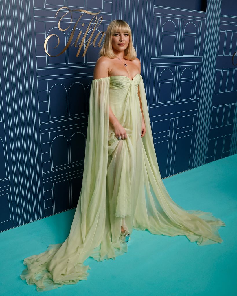 Florence Pugh wearing a pastel green Valentino gown