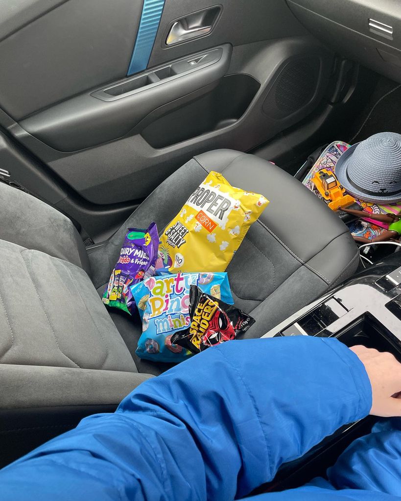 selection of snacks on car front seat 