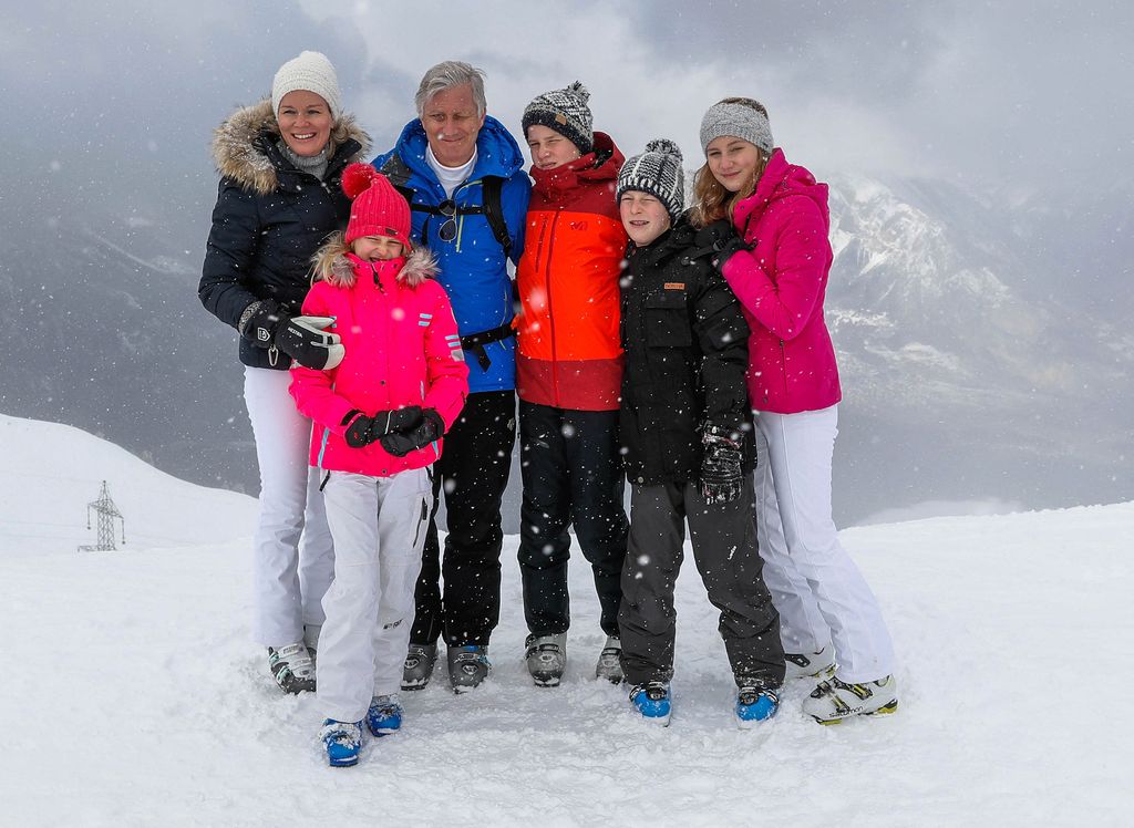 Queen Mathilde of Belgium, Princess Eleonore, King Philippeof Belgium, Prince Gabriel, Prince Emmanuel and Crown Princess Elisabeth pose during a ski holiday in Verbier, Switzerland