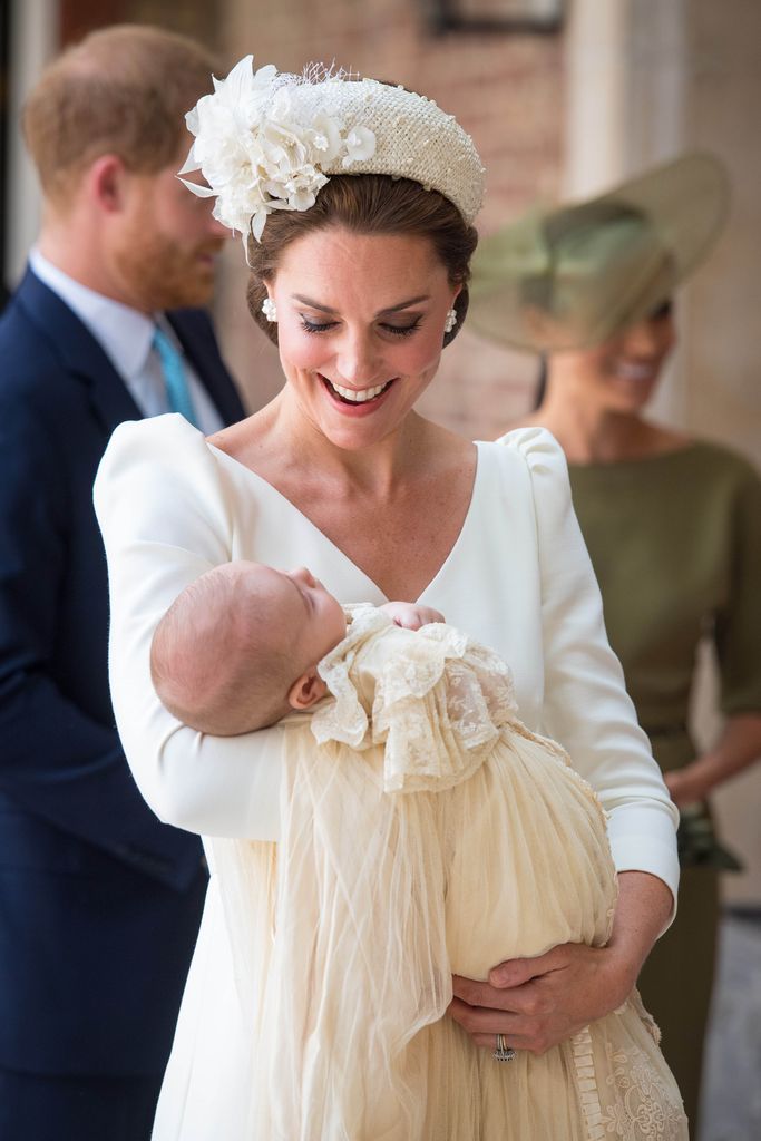 Kate wearing her Jane Taylor headband at son Prince Louis' christening in 2018