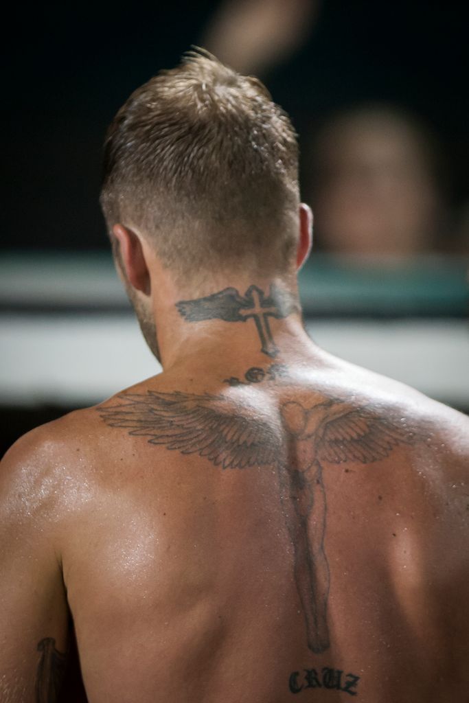 david beckham's back with tattoo 