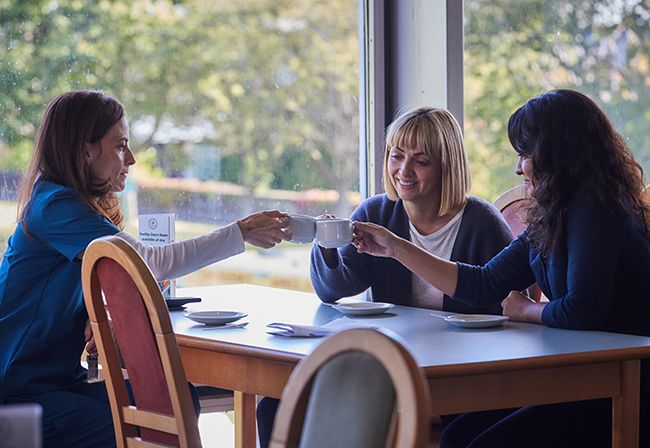 Parminder Nagra, Lara Pulver and Lisa McGrillis sit at table in Maternal