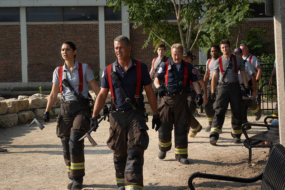 Miranda Rae Mayo as Stella Kidd, Taylor Kinney as Kelly Severide, Michael Bradway as Damon, Christian Stolte as Randy "Mouch" McHolland, Daniel Kyri as Darren Ritter, Jake Lockett as Sam Carver