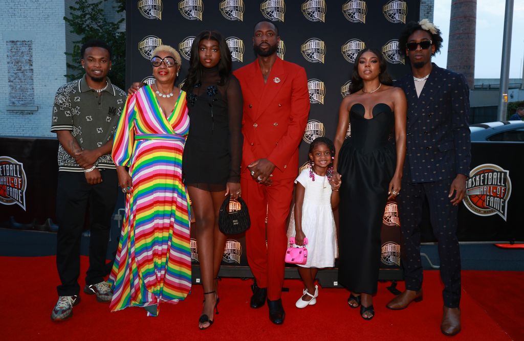 SPRINGFIELD, MASSACHUSETTS - AUGUST 12: Dahveon Morris, Jolinda Wade, Zaya Wade, 2023 inductee Dwyane Wade, Kaavia James Wade, Gabrielle Union and Zaire Wade attend the 2023 Naismith Basketball Hall of Fame Induction at Symphony Hall on August 12, 2023 in Springfield, Massachusetts. (Photo by Mike Lawrie/Getty Images)