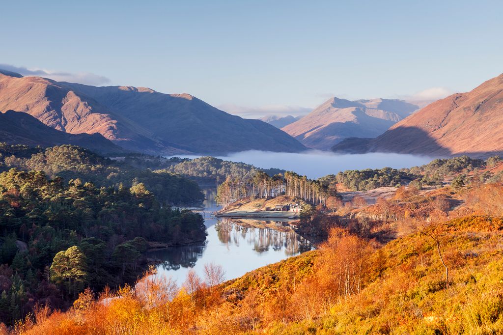 view of glen affric with loch and orange leaves