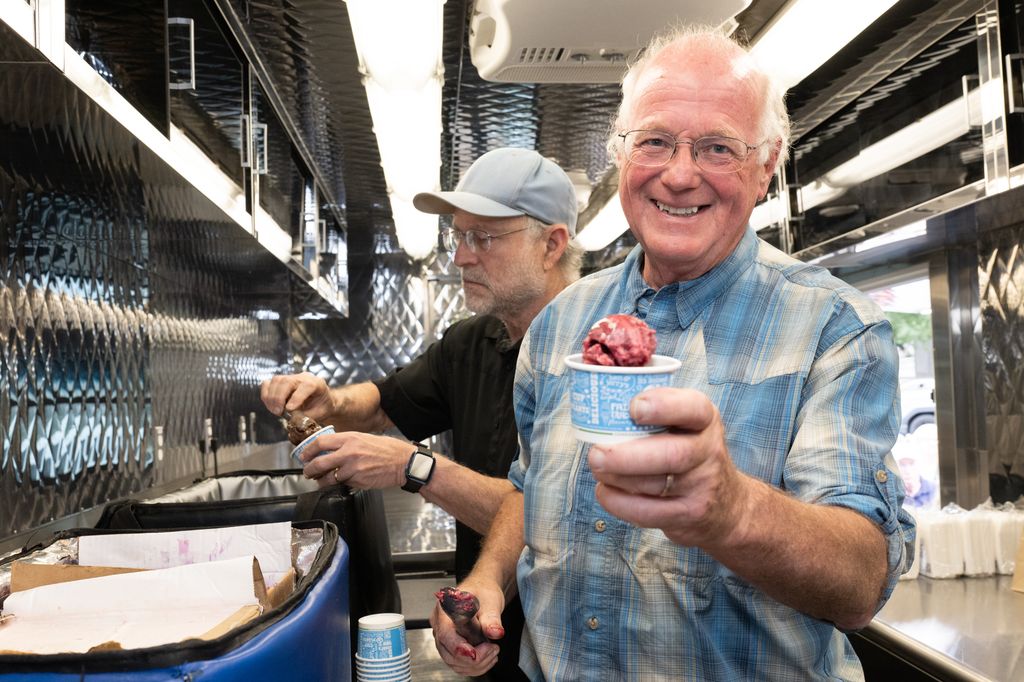 Jerry Greenfield and Ben Cohen, co-founders of Ben & Jerry's, partnered with MoveOn to hand out free ice cream at Franklin Square in Philadelphia during their Scoop The Vote tour to get-out-the-vote for Vice President Kamala Harris and Democrats down the ballot. on September 16, 2024 in Philadelphia, Pennsylvania