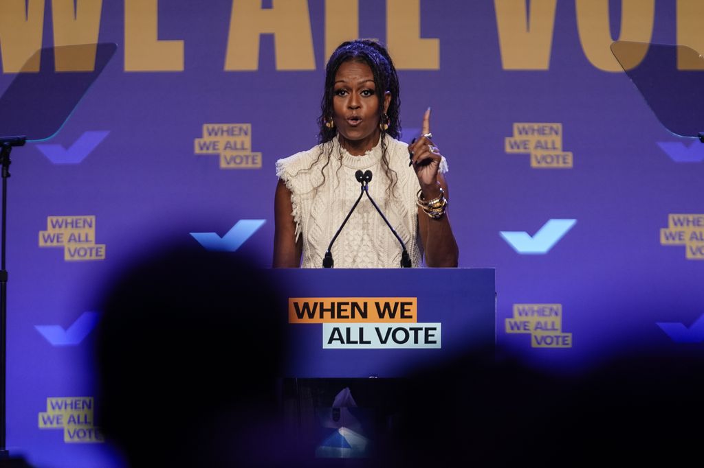 Former first lady Michelle Obama changed up her wardrobe for the Georgia rally