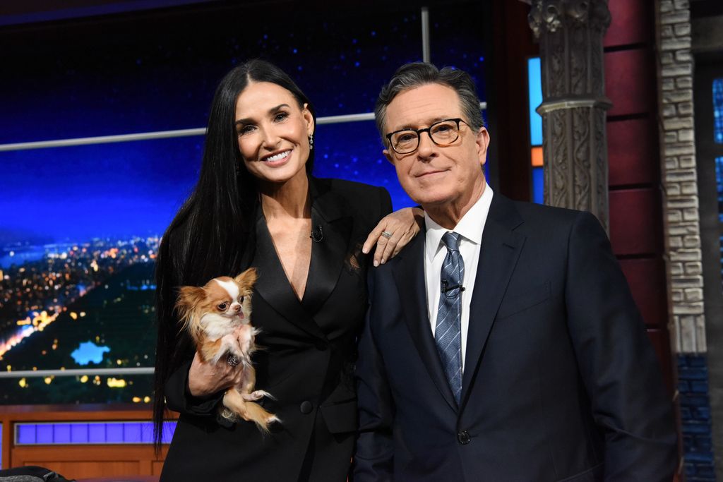 The Late Show with Stephen Colbert and guest Demi Moore and dog Pilaf during Wednesday's January 31, 2024 show.