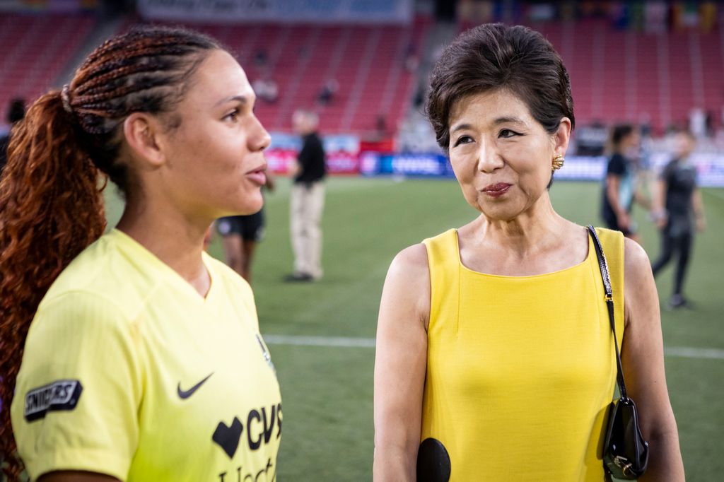 Trinity Rodman #2 of Washington Spirit talks with Michele Kang