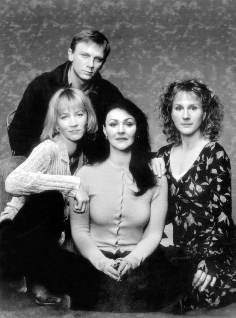 Black-and-white promotional image of Daniel Craig, Kitty Aldridge, Frances Barber and Penny Downie