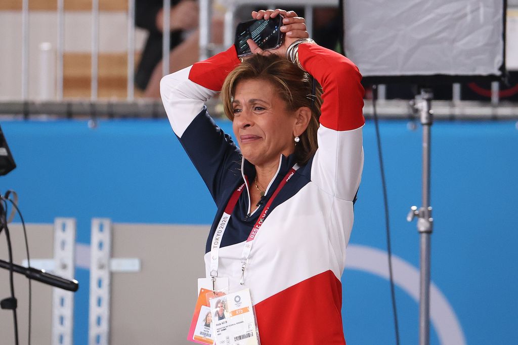 Today Show Host Hoda Kotb yells support to Simone Biles after exiting the competition during the Women's team final on day four of the Tokyo 2020 Olympic Games at Ariake Gymnastics Centre on July 27, 2021 in Tokyo, Japan