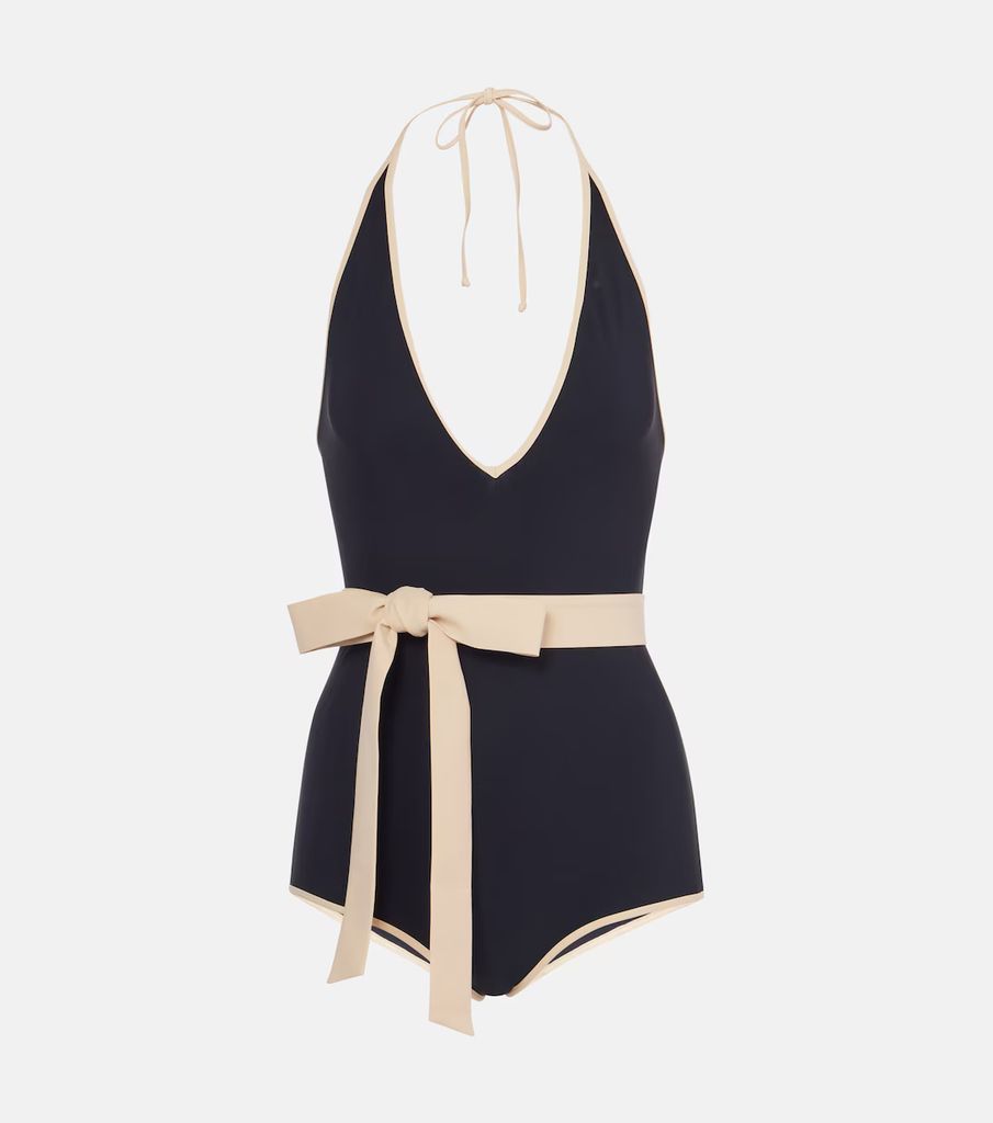 white and navy belted swimsuit with bow