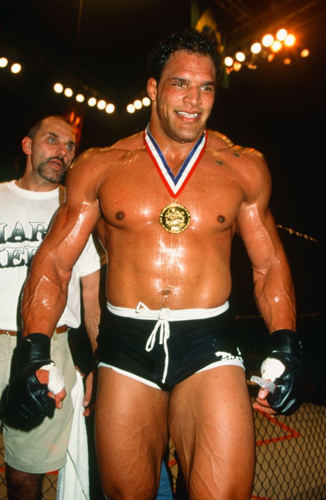 Mark Kerr reacts after winning the heavyweight tournament during the UFC 14 event inside Boutwell Auditorium on July 27, 1997 in Birmingham, Alabama.