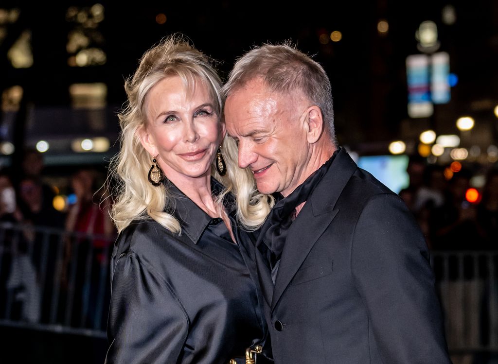 Trudie Styler and Sting are seen arriving to the Clooney Foundation for Justice's The Albies at New York Public Library on September 26, 2024 in New York City