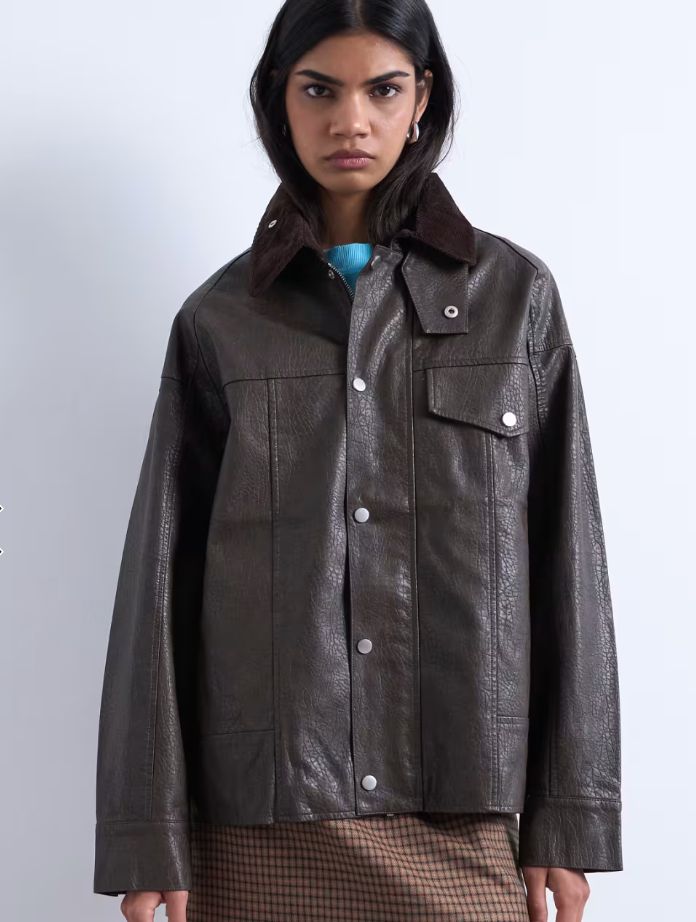  Topshop faux leather cord collar jacket in brown