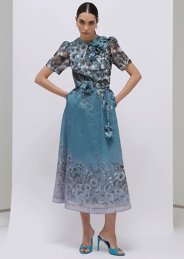 River Island Blue Floral 3D Corsage Midi Dress