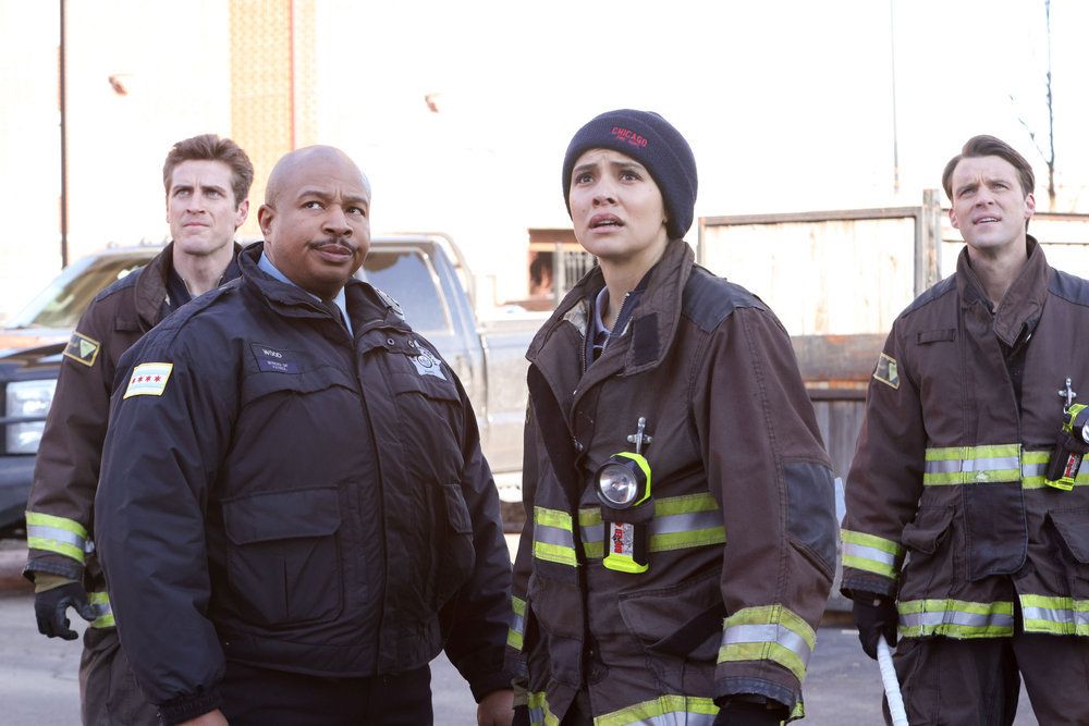 Jake Lockett as Carver, Leilani Barrett as Officer Wood, Miranda Rae Mayo as Stella Kidd, Jesse Spencer as Matthew Casey in Chicago Fire 