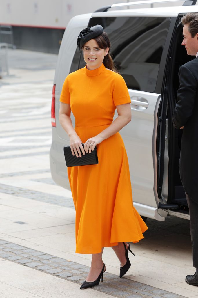 Princess Eugenie wearing orange dress at Platinum Jubilee thanksgiving service