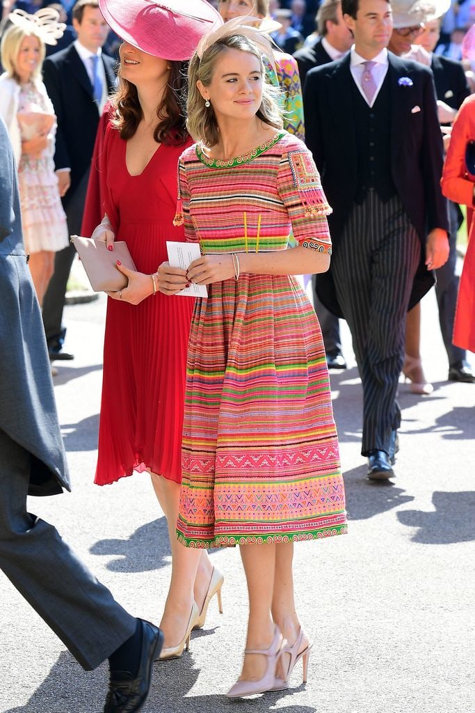 Cressida Bonas in a pink striped dress at Windsor Castle for Prince Harry's wedding