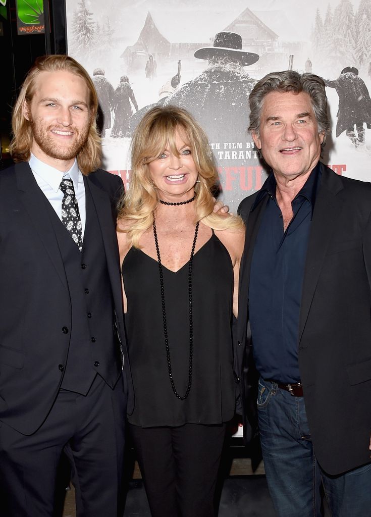 Wyatt Russell, Goldie Hawn and Kurt Russell attend the Premiere of The Weinstein Company's "The Hateful Eight" at ArcLight Cinemas Cinerama Dome on December 7, 2015 in Hollywood, California