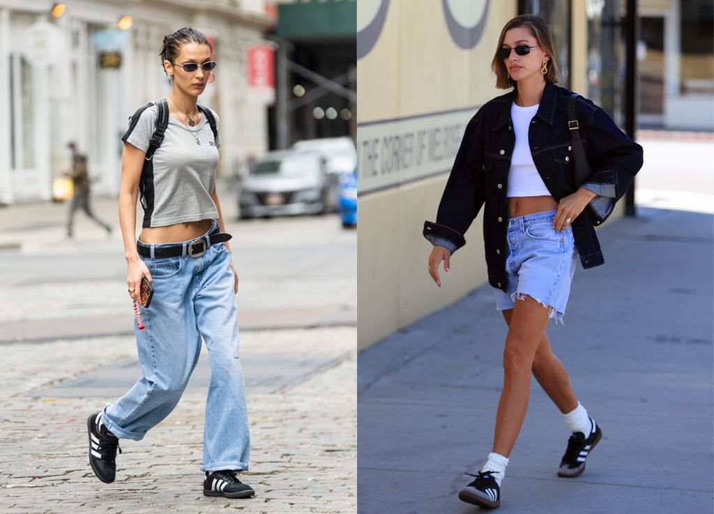 Bella Hadid (R) and Hailey Bieber wearing Adidas Sambas