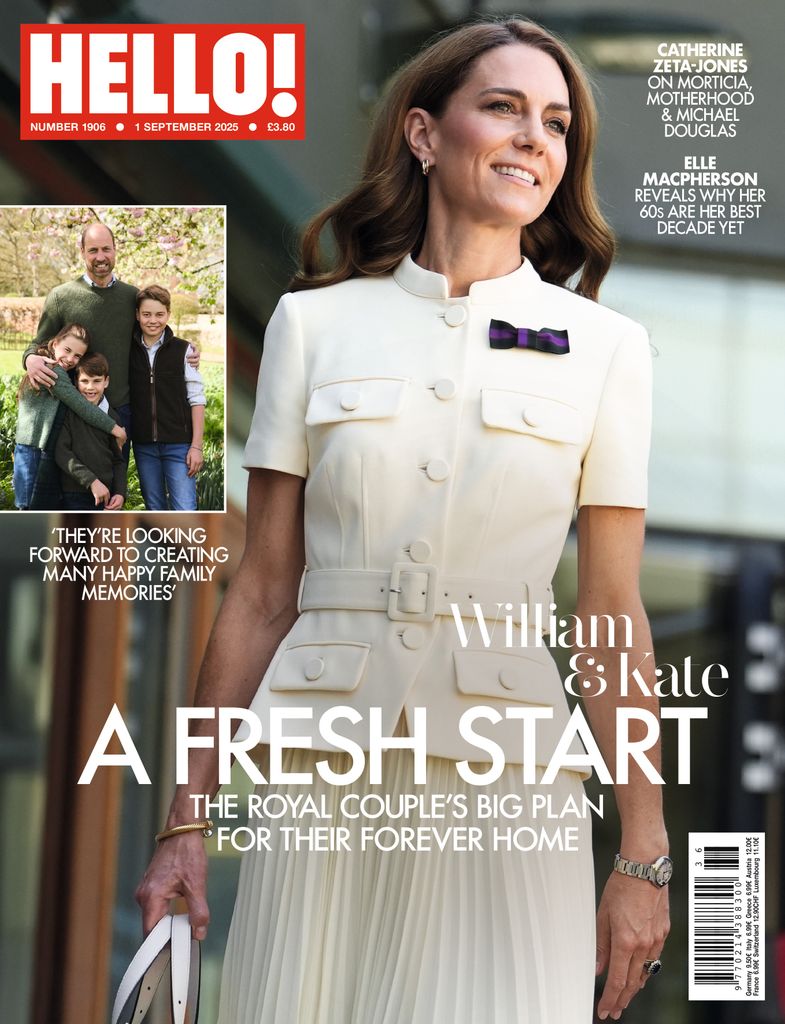 Hello magazine cover featuring Princess Kate with a white suit and skirt