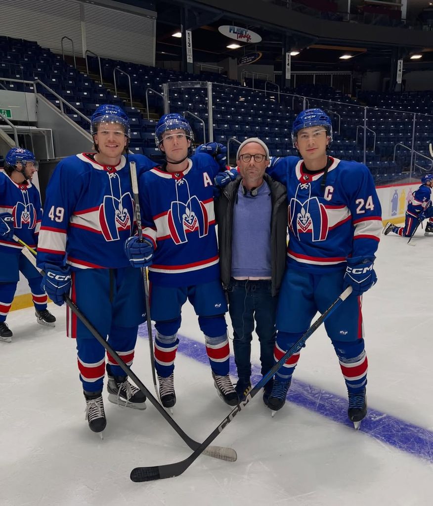 Aidan Shaw (L) on the set of Heated Rivalry with Hudson Willliams (R)