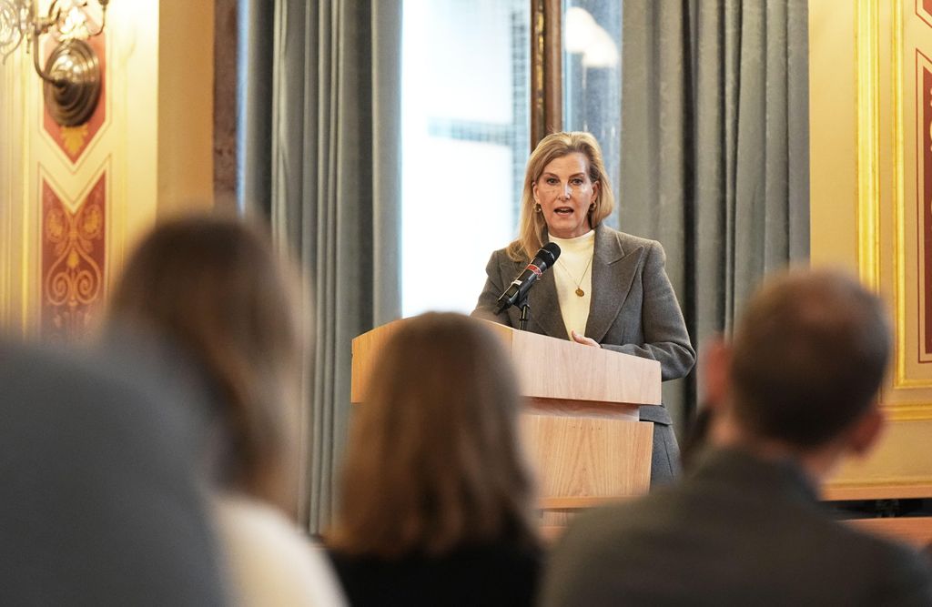 The Duchess of Edinburgh speaking during her visit to view "The Women Who Beat ISIS" travelling photo exhibition at the Foreign, Commonwealth And Development Office, London