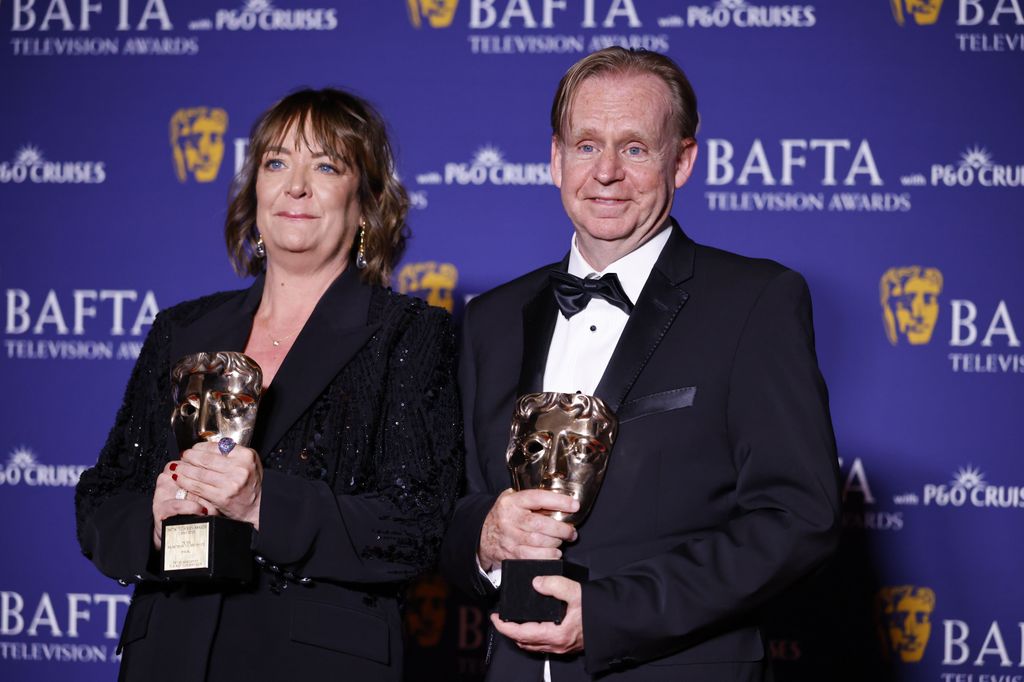 Polly Hill (L) and Kevin Lygo (R) after receiving the Special Award, on behalf of ITV, for commissioning 'Mr Bates Vs The Post Office' at the 2025 BAFTA TV Awards at the Royal Festival Hall in London, Britain, 11 May 2025.