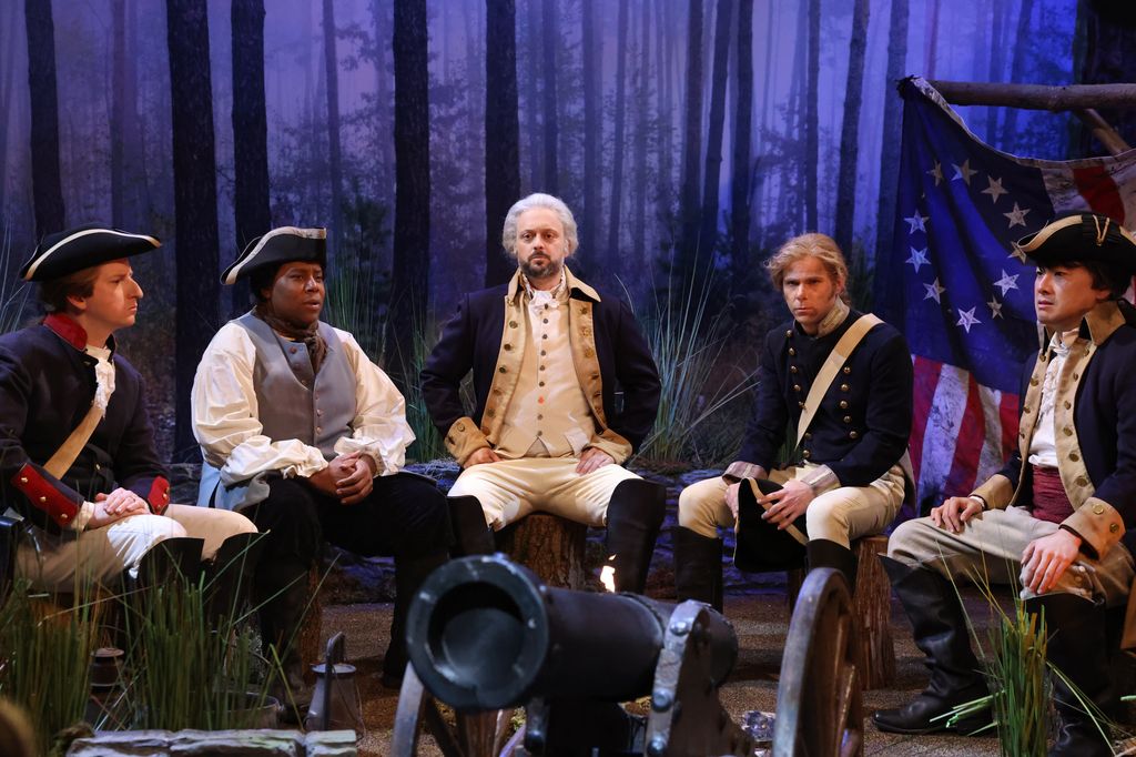 Kenan Thompson, host Nate Bargatze, Mikey Day, and Bowen Yang during the "Washington's Dream" sketch on Saturday, October 28, 2023