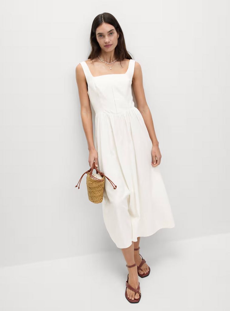 M&S Linen Blend Square Neck Midi Skater Dress
