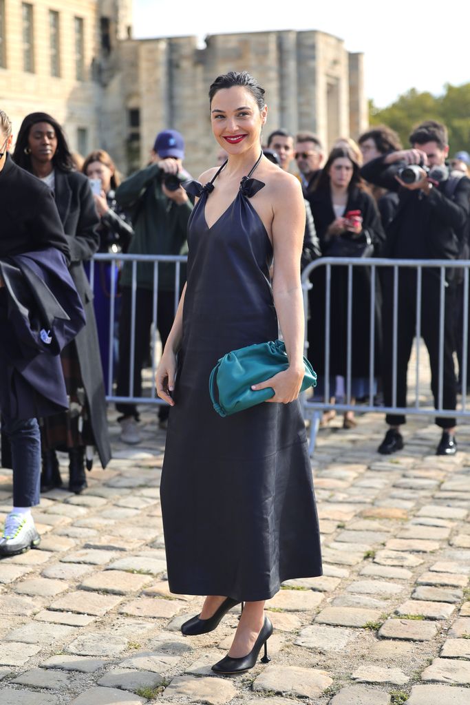 gal gadot leather dress loewe show paris fashion week