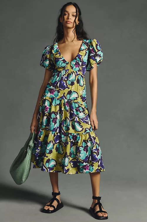 Anthropologie tropical floral midi dress with puff sleeves