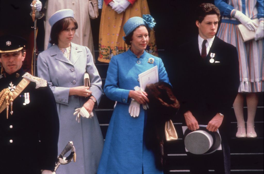 Princess Margaret standing with Lady Sarah Chatto and David Armstrong-Jones