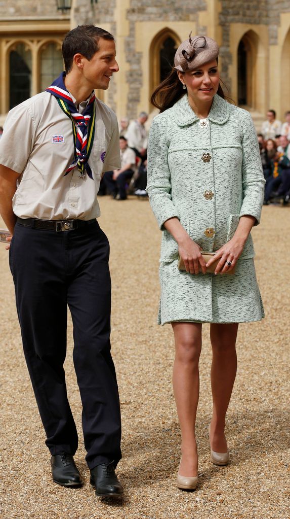 The Princess oozed elegance in a stunning light blue coat when she chatted to  Chief Scout Bear Grylls when she stepped out at the  National Review of Queen's Scouts at Windsor Castle in Berkshire on April 2013