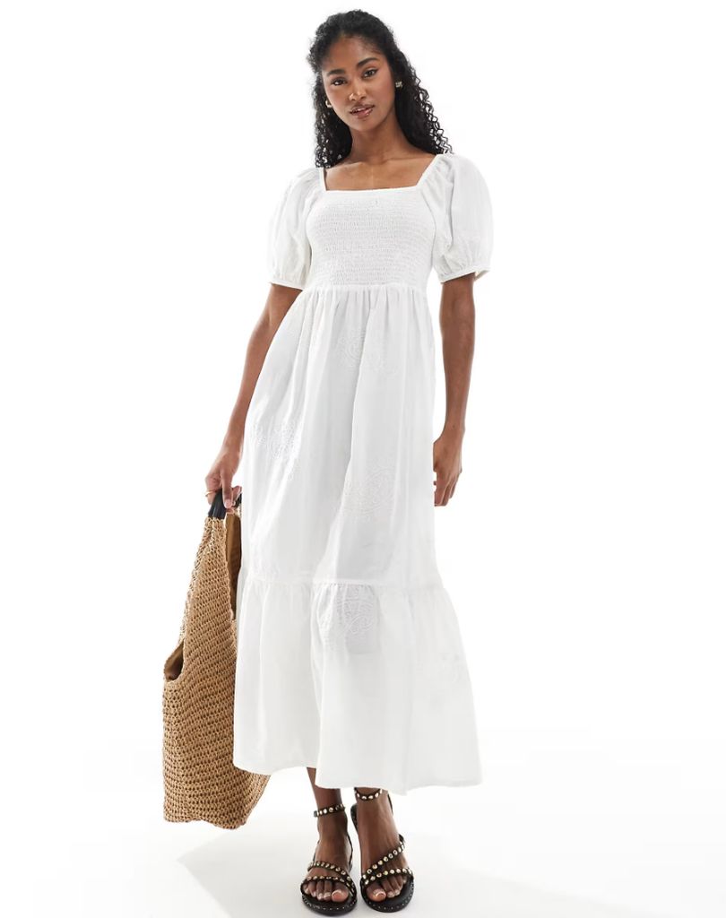 ASOS x Accessorize Accesorize White Puff Sleeve Shirred Dress