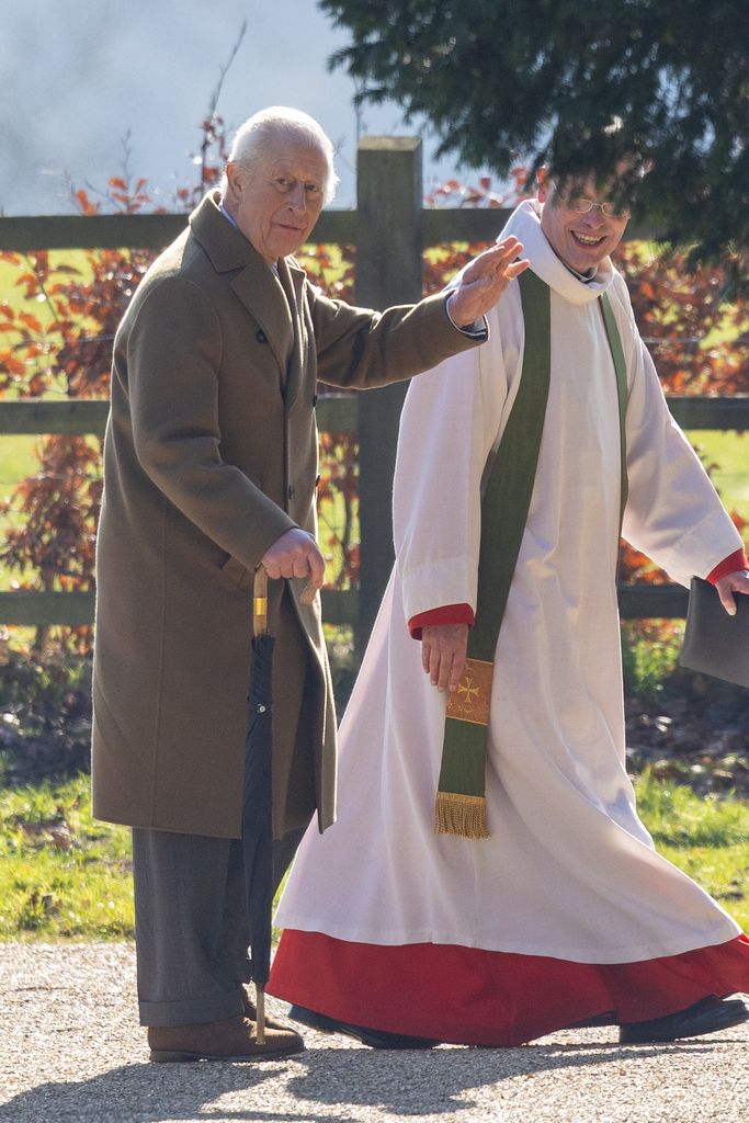 King Charles smiles and waves as he’s pictured in Sandringham during church outing