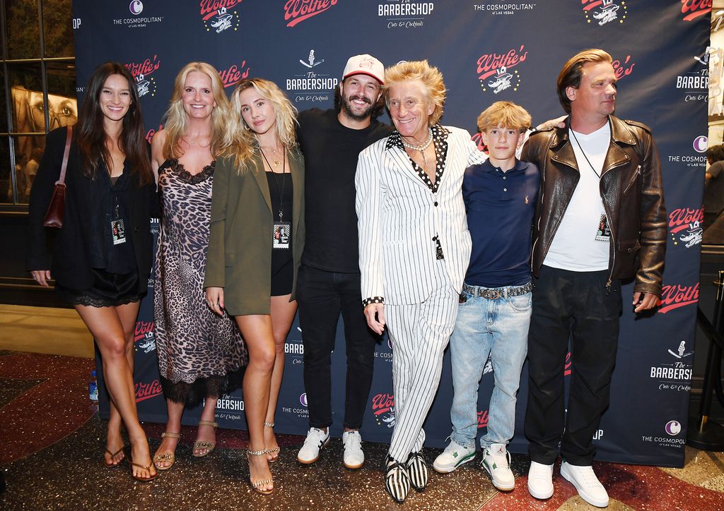 A family affair: Renee Stewart (L), Penny Lancaster Stewart, Nicole Artukovich, Liam Stewart, Sir Rod Stewart, Aiden Stewart and Sean Stewart