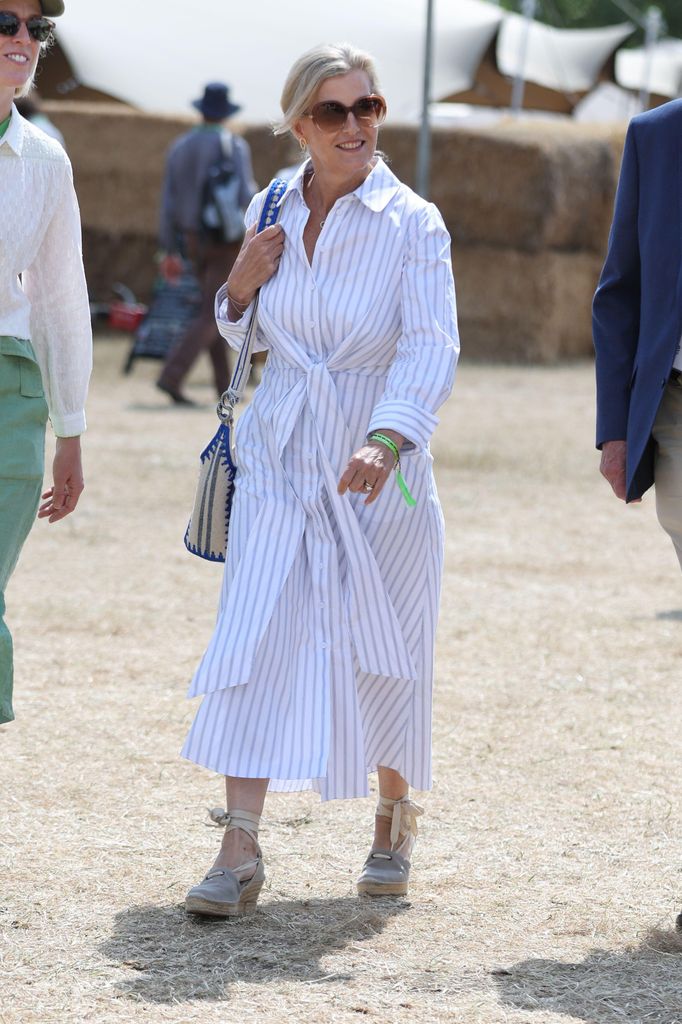 The Duchess of Edinburgh outside in striped shirt dress and sunglasses