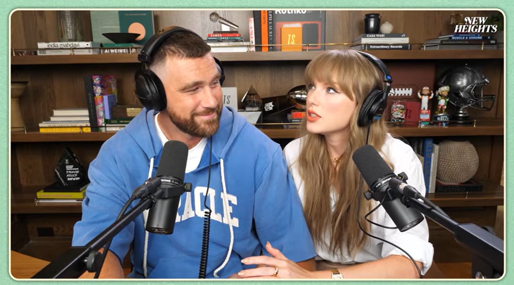 Taylor Swift and Travis Kelce on the New Heights podcast