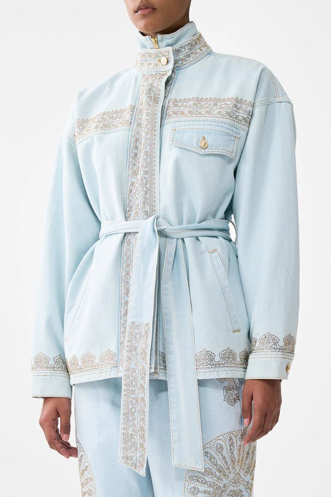alika istanbul alchemy high neck jacket in denim. Decorated with intricately applied gold crystal embellishments.